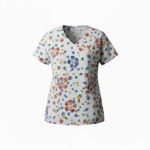 Crest Women's V Neck Scrub Top Size 3XL Potpourri Print White Top Plus Size